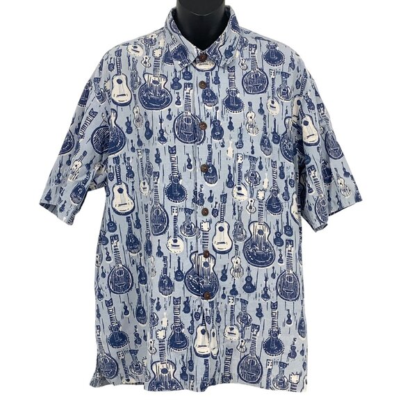 Kahala Hawaiian Size Large Blue Ukulele Aloha Button Up Collar Short Sleeve New - Picture 1 of 7